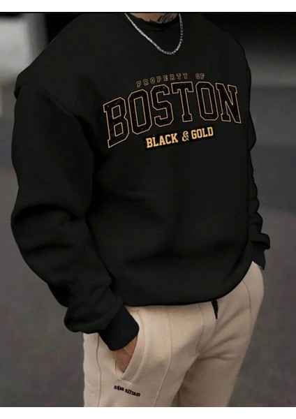 Bisiklet Yaka Boston Baskılı Sweatshirt Mevsimlik Sonbahar Kış Için Uygundur