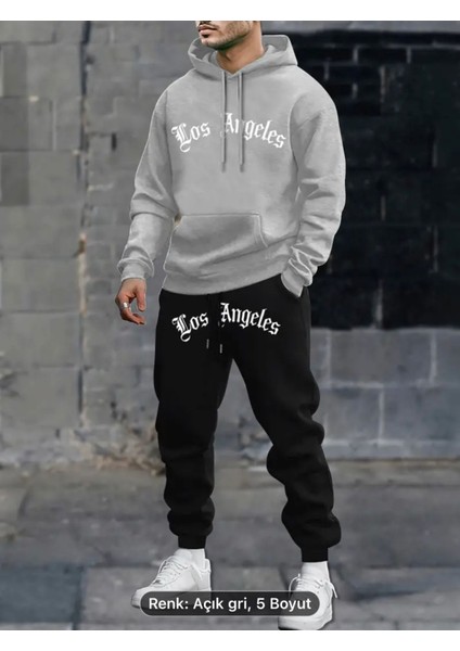 Erkek Rahat Kapüşonlu Sweatshirt ve Eşofman Takımı - Geometrik Los Angeles Baskılı