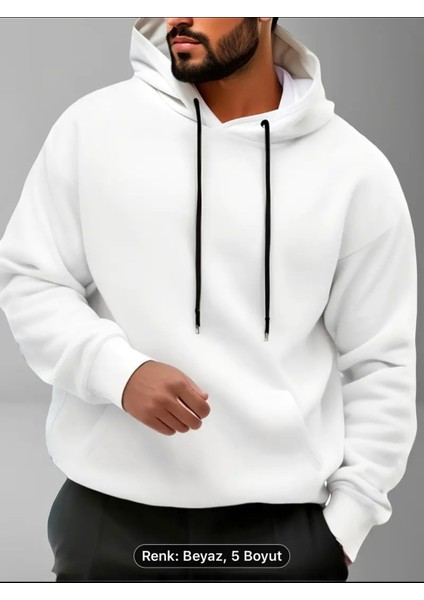 Beyaz Kapüşonlu Sweatshirt Düz Renk , Unisex Rahat Kapüşonlu Kanguru Cepli