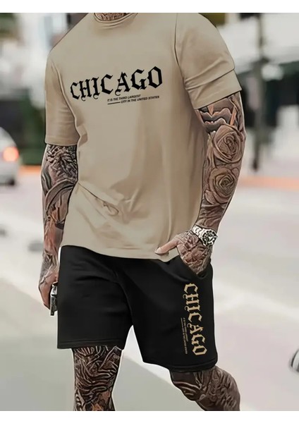 Erkek Modası 2li Chigago Harf Baskılı Kısa Kollu T-Shirt