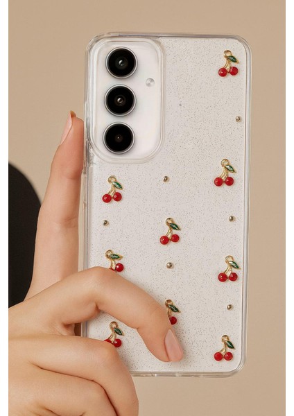 Samsung A34 Uyumlu - Epoksi Kiraz Desenli, Şeffaf, Darbe Dayanıklı Telefon Kılıfı