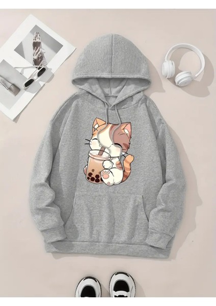 Women's Cute Cat & Milk Tea Print Hoodie - Casual