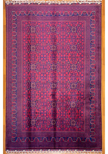 El Dokuma Afgan Halı Yıldız Desenli Bordo Renk 6 Metre Kare