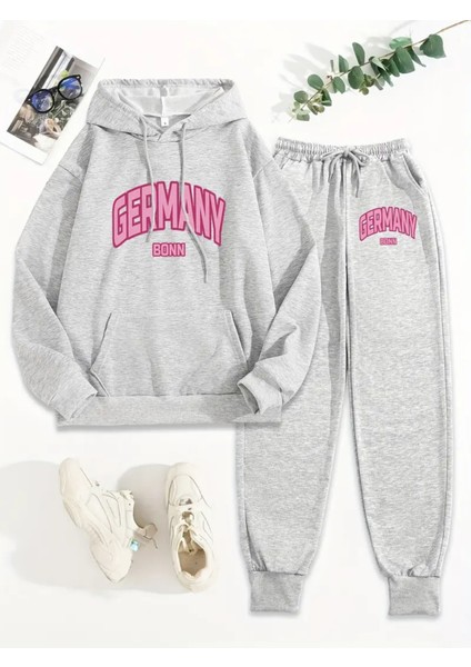 Uzun Kollu Harf Baskılı Hoodie ve Pantolon Seti, Örgü Kumaş, Sonbahar/kış