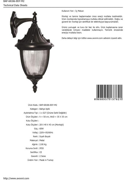 68186 Bahçe Aplik, 60 W, Siyah indirimleri