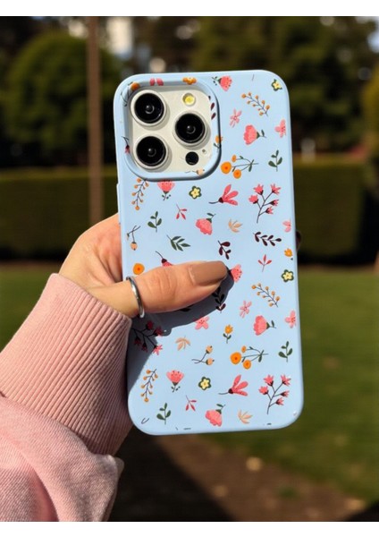 iPhone 13 Pro Max Uyumlu Mavi Çiçek Desenli Lansman Liquid Silikon Kılıf