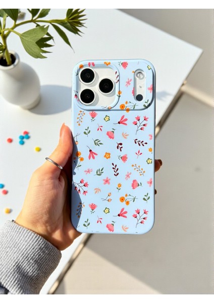iPhone 17 Pro Max Uyumlu Mavi Çiçek Desenli Lansman Liquid Silikon Kılıf