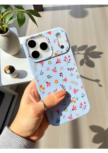 iPhone 17 Pro Max Uyumlu Mavi Çiçek Desenli Lansman Liquid Silikon Kılıf modelleri