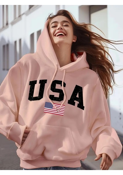 Usa Flag Print Casual Women's Hoodie - 100% Polyester Knit Fabric