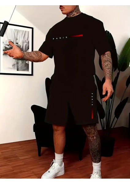 Erkekler Için Günlük Yuvarlak Yaka Desenli Tişört ve Şort Takımı, Moda Baskı, Rahat Kalıp