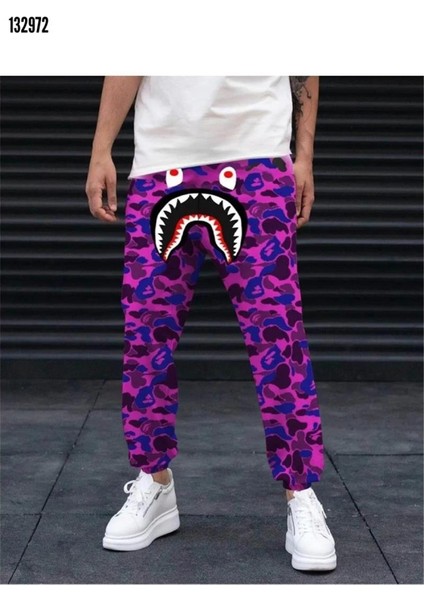 Unisex Pubg Bape x Shark Eşofman Altı - Mor