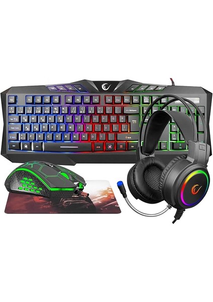 KM-404 Argentı Rainbow Aydınlatmalı USB Gaming Combo Q Klavye + Kulaklık + Mouse + Mousepad