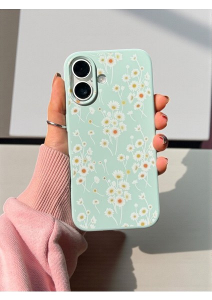 iPhone 17 Uyumlu Papatya Desenli Fıstık Yeşili Lansman Liquid Silikon Kılıf