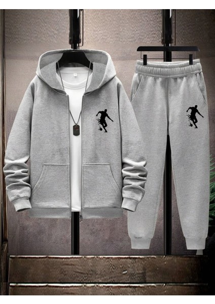 Basketbol Silüet Baskılı Eşofman Takımı – Kapüşonlu Fermuarlı Sweat Ceket & Jogger Eşofman Altı