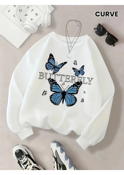 Cozy Cartoon Butterfly Print Sweatshirt - White Casual Crew Neck