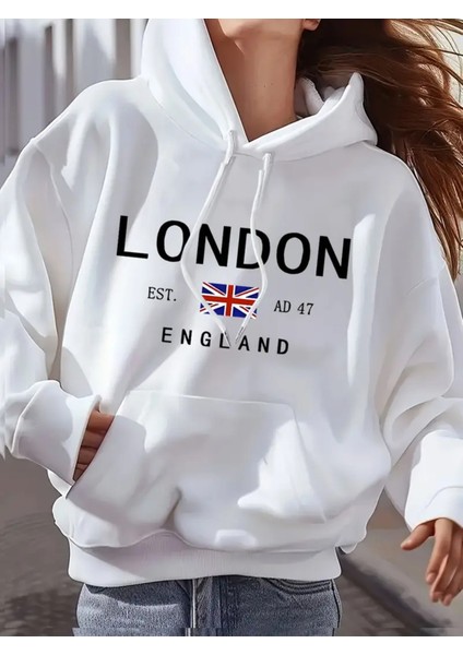 London Print Drawstring Hoodie, Casual Long Sleeve Hooded Sweatshirt