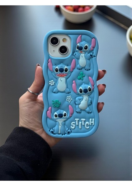 iPhone 14 Plus / 15 Plus Uyumlu Stitch Desenli Kabartmalı Sevimli Silikon Kılıf