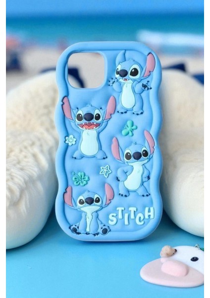 iPhone 14 Plus / 15 Plus Uyumlu Stitch Desenli Kabartmalı Sevimli Silikon Kılıf fiyatları