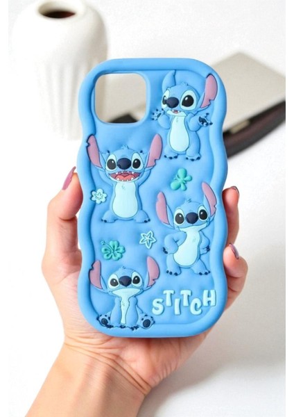 iPhone 14 Plus / 15 Plus Uyumlu Stitch Desenli Kabartmalı Sevimli Silikon Kılıf modelleri