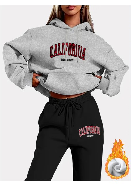 Trden Kadın Uzun Kollu Ipli Kapüşonlu Hoodie ve Koşu Pantolonu Kıyafet 2'li Set