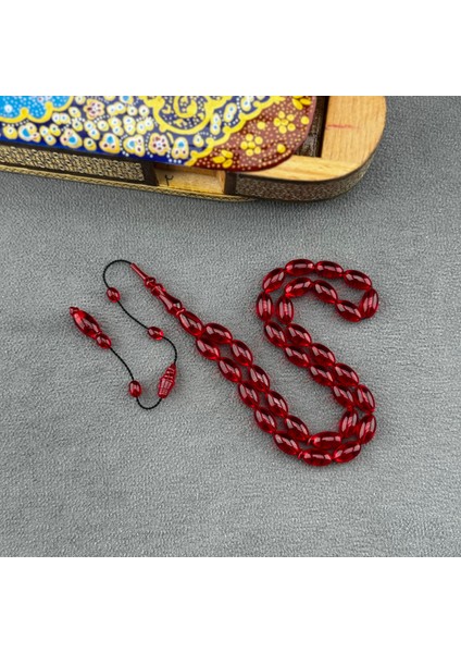 Kırmızı Badem Model Eski Blok Zar Ateş Kehribar Tespih