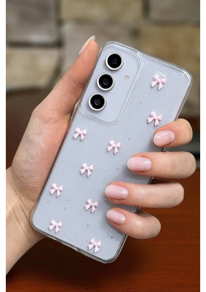 Samsung S24 Fe Uyumlu – Pembe Fiyonk Desenli, Parlak Simli, Şeffaf Yumuşak Silikon Kılıf