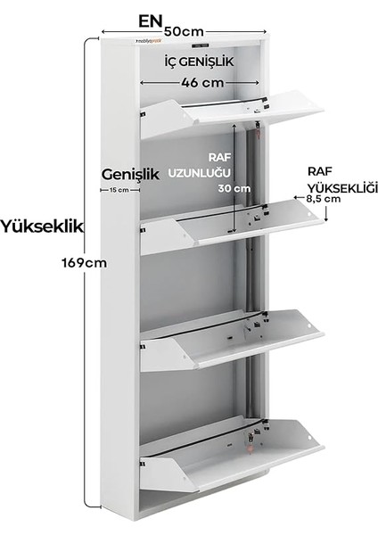 Beyaz Kilitli Metal Ayakkabılık - Ölçü Seçeneği Mac4-4 Kapaklı - 50X15X136 H modelleri