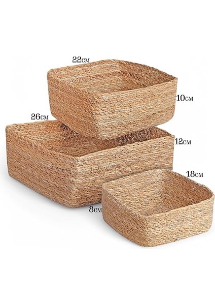 3'lü Rustik El Yapımı Doğal Kare Hasır Düzenleyici Seti | 3'lü Hasır Kare Organizer Seti – Dekoratif, Çok Amaçlı ve Dayanıklı Rattan Sepetler (26X26X12CM – 22X22X10CM – 18X18X8CM) fiyatları