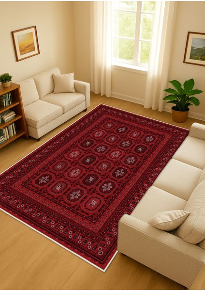 Bordo Kırmızı Otantik Dijital Baskı Salon Halısı Kaymaz Tabanlı Yıkanabilir Halı Yolluk