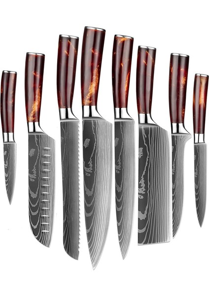 Kırmızı Reçine Saplı 8li Japon Tarzı Bıçak Seti