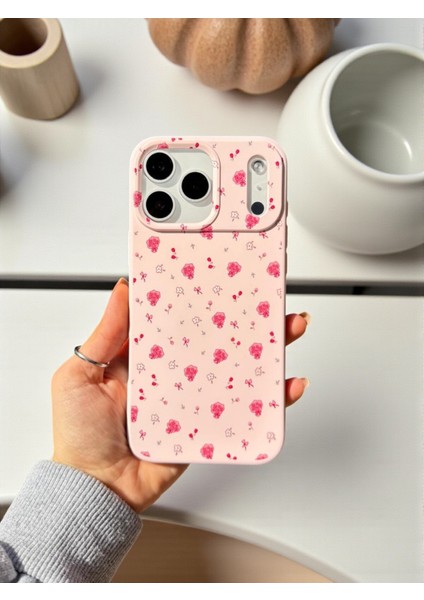 iPhone 17 Pro Uyumlu Pembe Çiçek Desenli Lansman Liquid Silikon Yumuşak Kılıf