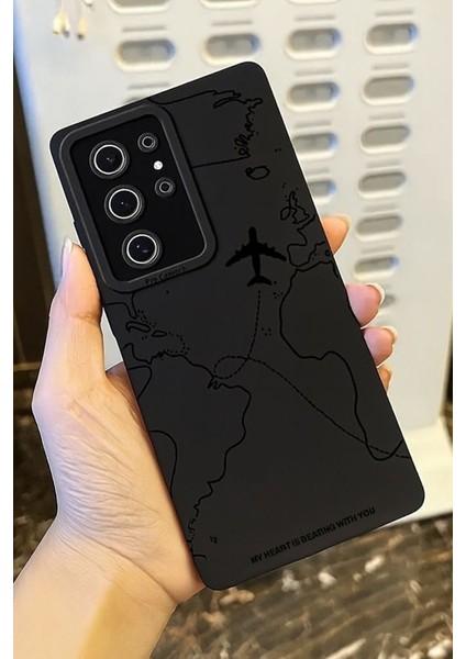 Samsung S25 Ultra Uyumlu – Siyah Harita Desenli Yumuşak Silikon Kılıf modelleri