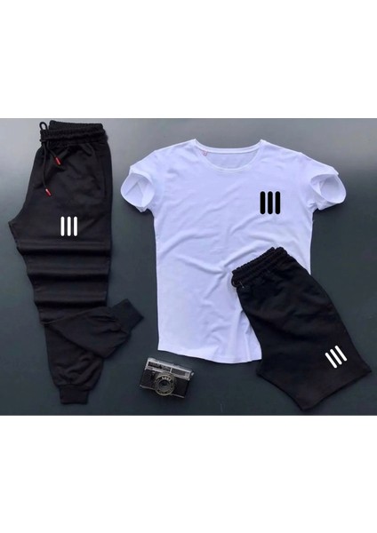Unisex Yeni Sezon Üç Çizgi Baskılı Tshirt-Şort-Eşofman Altı Set Kombin