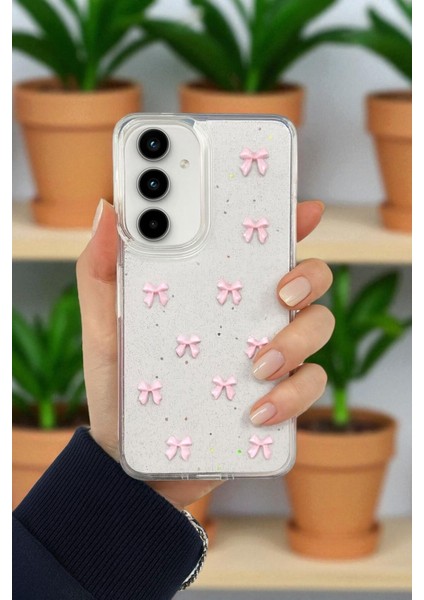 Samsung A34 Uyumlu – Pembe Fiyonk Desenli, Parlak Simli, Şeffaf Yumuşak Silikon Kılıf fiyatları