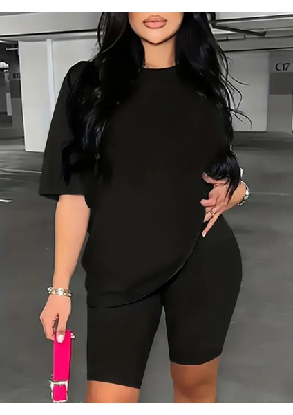 Kadınlar Için 2 Parça Rahat Spor Takımı, Trend Spor Giyim, Tişört ve Bisiklet Şort Takımı