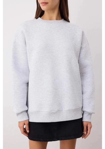 3 Iplik Şardonlu Bisiklet Yaka Sweatshirt Gri