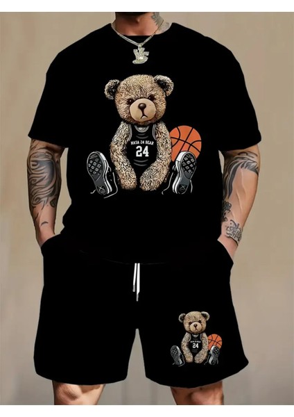 Plus Size Erkeklerin Ayı Grafik Baskılı T-Shirt & Şort