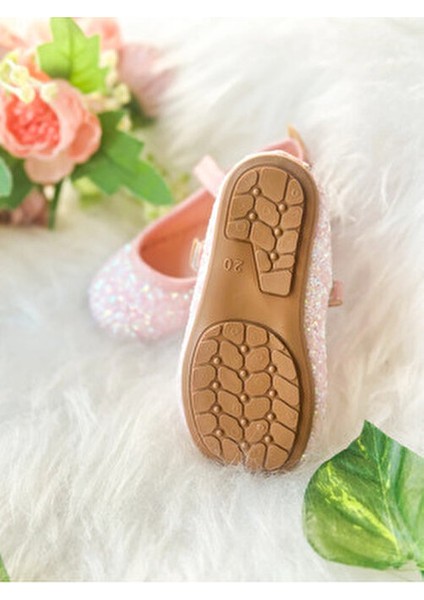 Pembe Taşlı Simli Kız Çocuk Bebek Babet Ayakkabı