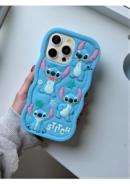 iPhone 14 Pro Max / 15 Pro Max Uyumlu Stitch Desenli Kabartmalı Sevimli Silikon Kılıf modelleri