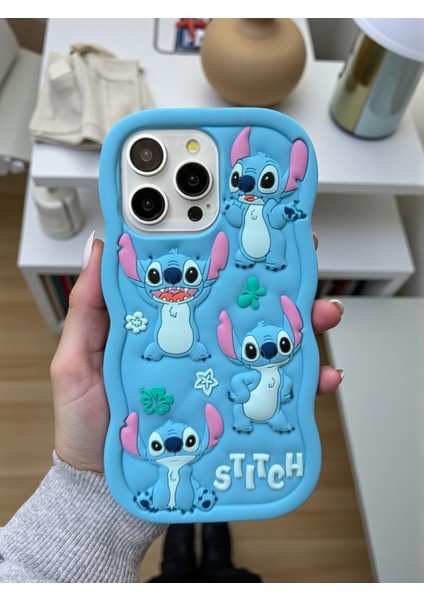 iPhone 14 Pro Max / 15 Pro Max Uyumlu Stitch Desenli Kabartmalı Sevimli Silikon Kılıf fırsatları