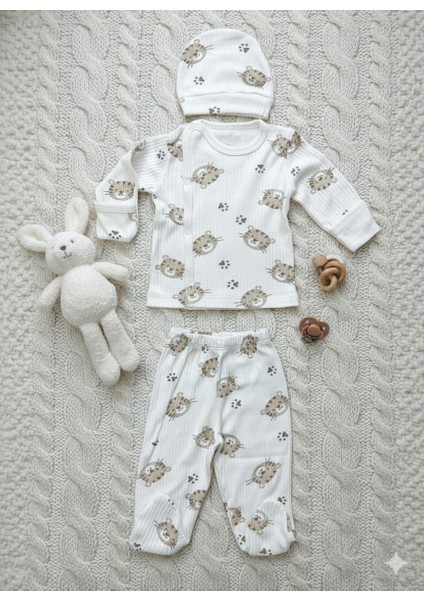 3’lü Aslan Desenli Yeni Doğan Bebek Takımı – %100 Pamuk – Unisex Hastane Çıkışı Seti