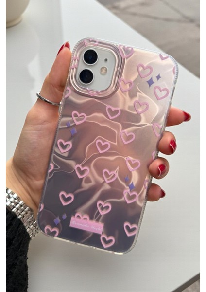 Apple iPhone 11 Uyumlu Hologram Pembe Kalp Desenli Silikon Kılıf Darbeye Dayanıklı, Kapak