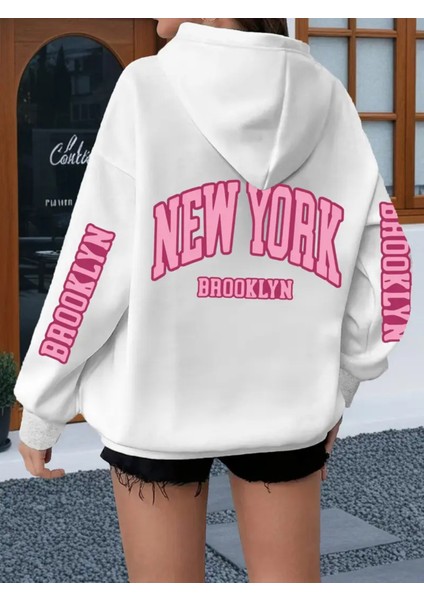 Trden Plus Beden Casual Hoodie ile New York Brooklyn Harf Baskısı,