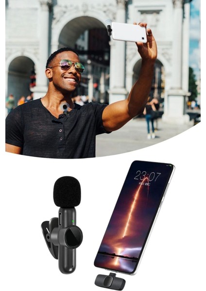 Buffer® Type C Uyumlu Iphone Dönüştürücülü Kablosuz Yaka Mikrofonu Android ve Iphone Uyumlu Mini Mikrofon