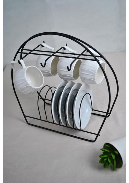 Diyarı Siyah Fincan Takımı Standı, Kahve Fincan Askısı Tabaklı Tezgah Üstü & 6'lı