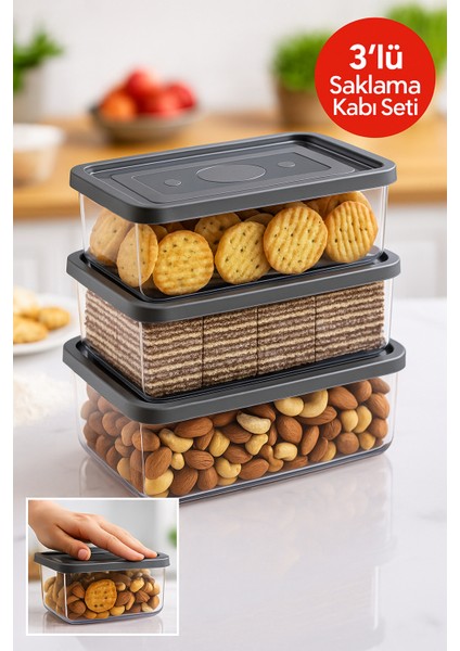 3’lü Saklama Kabı Seti 0.70L–1.0L–1.5L | Gri Kapak | Sızdırmaz, Buzdolabı Düzenleyici, Gıda Saklama