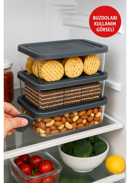 3’lü Saklama Kabı Seti 0.70L–1.0L–1.5L | Gri Kapak | Sızdırmaz, Buzdolabı Düzenleyici, Gıda Saklama modelleri