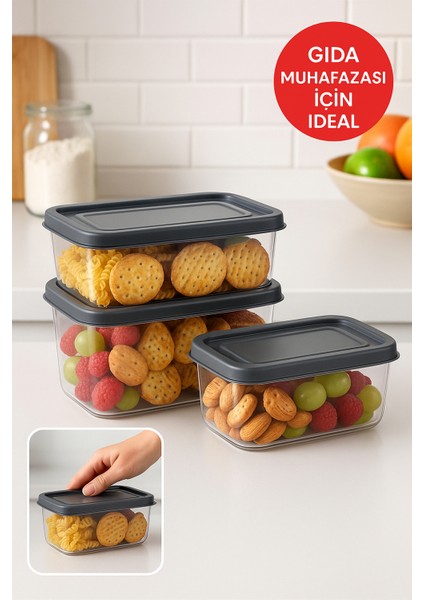 3’lü Saklama Kabı Seti 0.70L–1.0L–1.5L | Gri Kapak | Sızdırmaz, Buzdolabı Düzenleyici, Gıda Saklama fırsatları