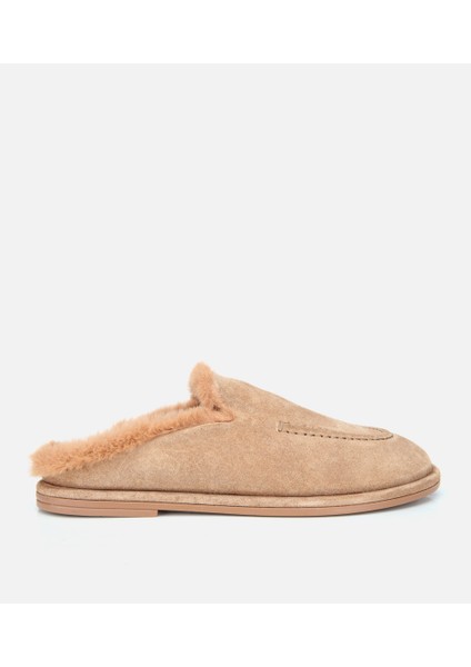 01TEH315350A300 KADIN Süet Deri Bej Içi Kürklü Düz Günlük Terlik