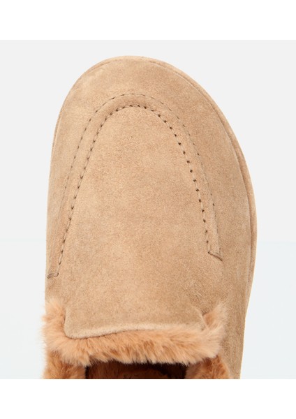 01TEH315350A300 KADIN Süet Deri Bej Içi Kürklü Düz Günlük Terlik